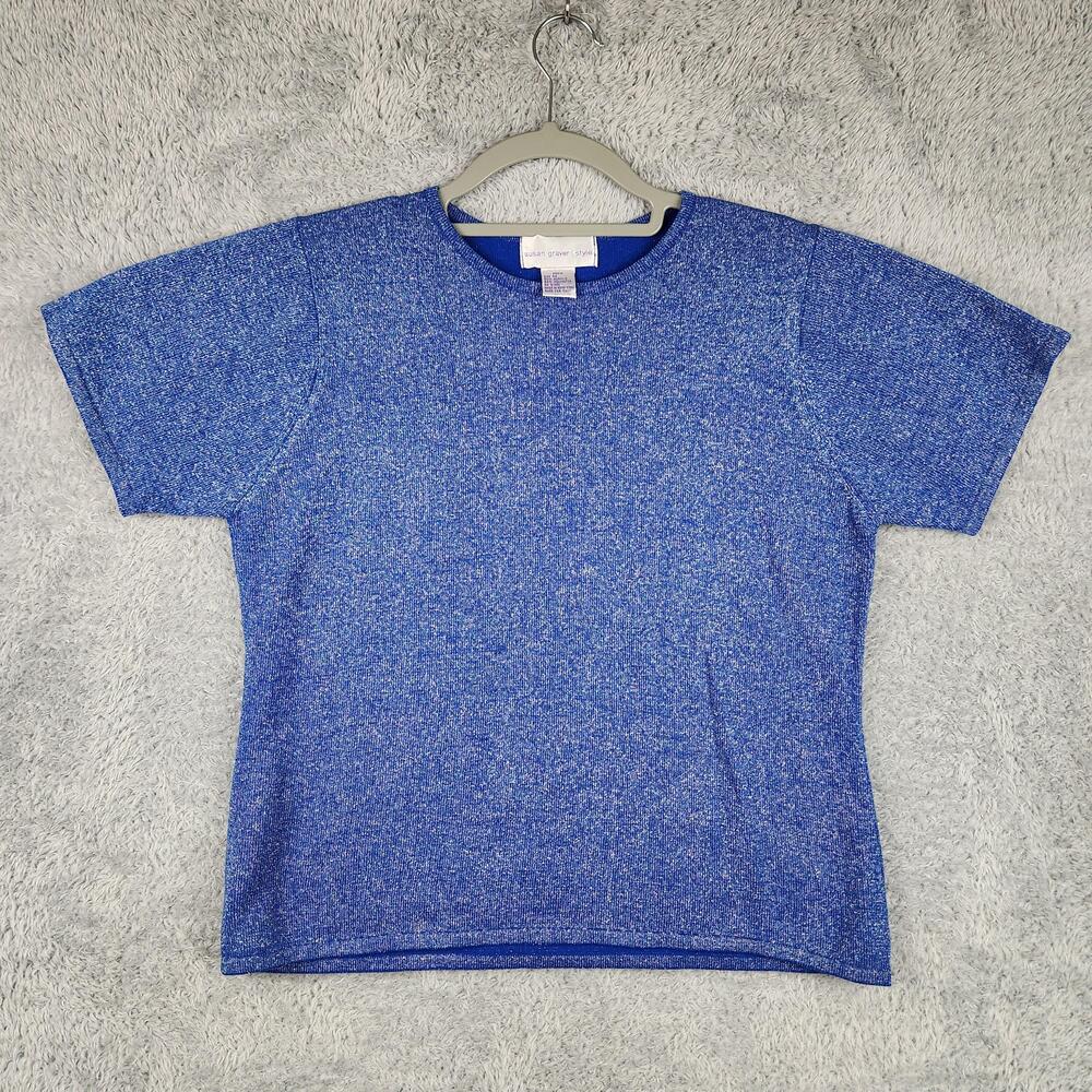 Vintage Susan Graver Sweater Womens Medium Blue Knit Shiny Disco 90s Boho Fairy